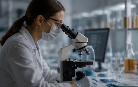 A researcher at a microscope on a university laboratory bench