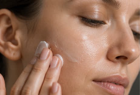 A cream being applied to the skin of a cheek