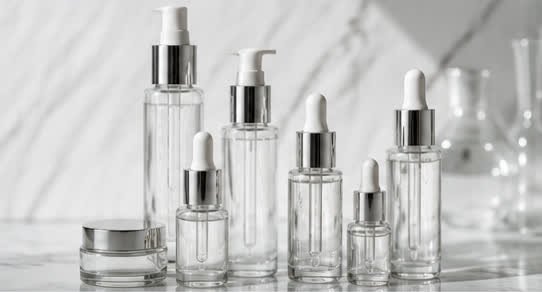 A row of empty glass serum and dropper bottles